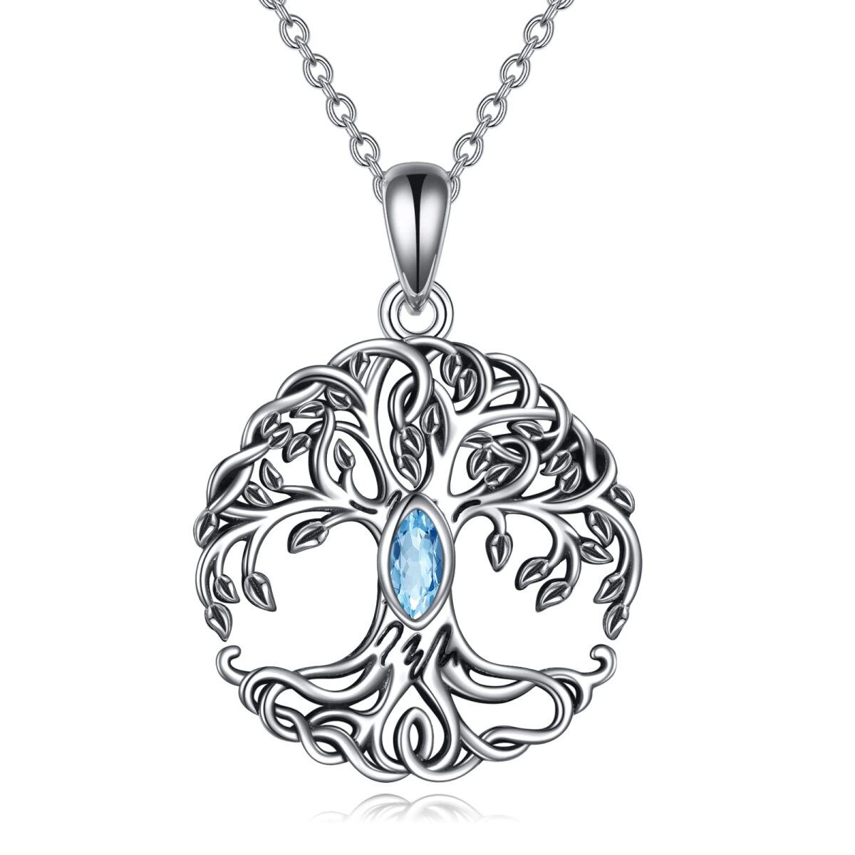 Sterling Silver Lake Blue Marquise Shaped Cubic Zirconia Tree Of Life Pendant Necklace-1