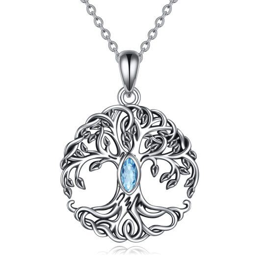 Sterling Silver Lake Blue Marquise Shaped Cubic Zirconia Tree Of Life Pendant Necklace