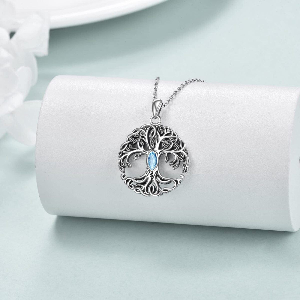 Sterling Silver Lake Blue Marquise Shaped Cubic Zirconia Tree Of Life Pendant Necklace-3