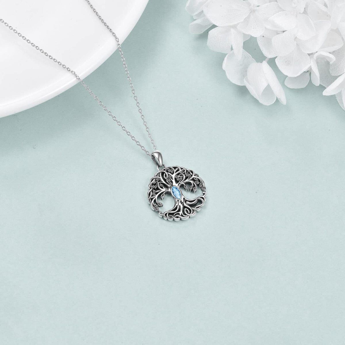 Sterling Silver Lake Blue Marquise Shaped Cubic Zirconia Tree Of Life Pendant Necklace-4