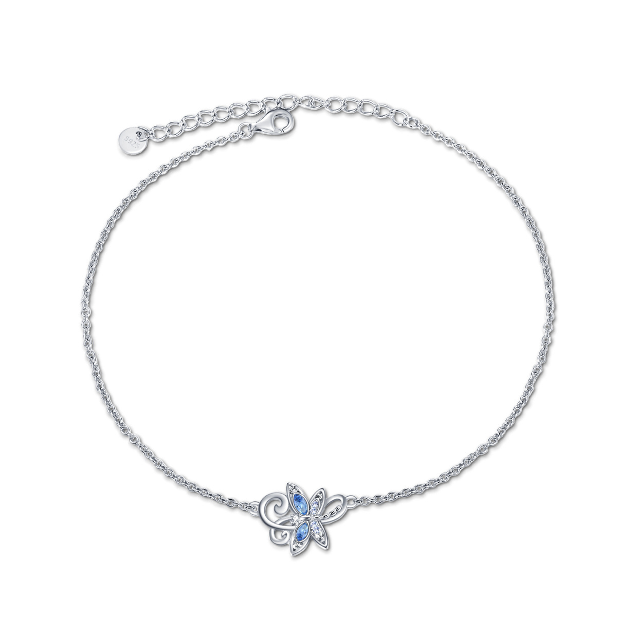 Sterling Silver Marquise Shaped Cubic Zirconia Dragonfly Single Layer Anklet-1