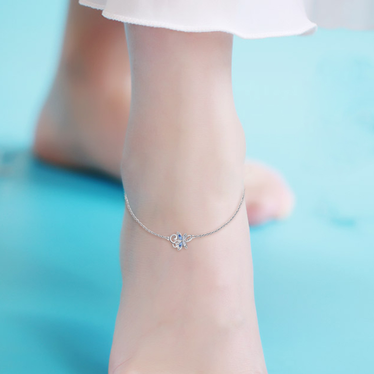 Sterling Silver Marquise Shaped Cubic Zirconia Dragonfly Single Layer Anklet-2