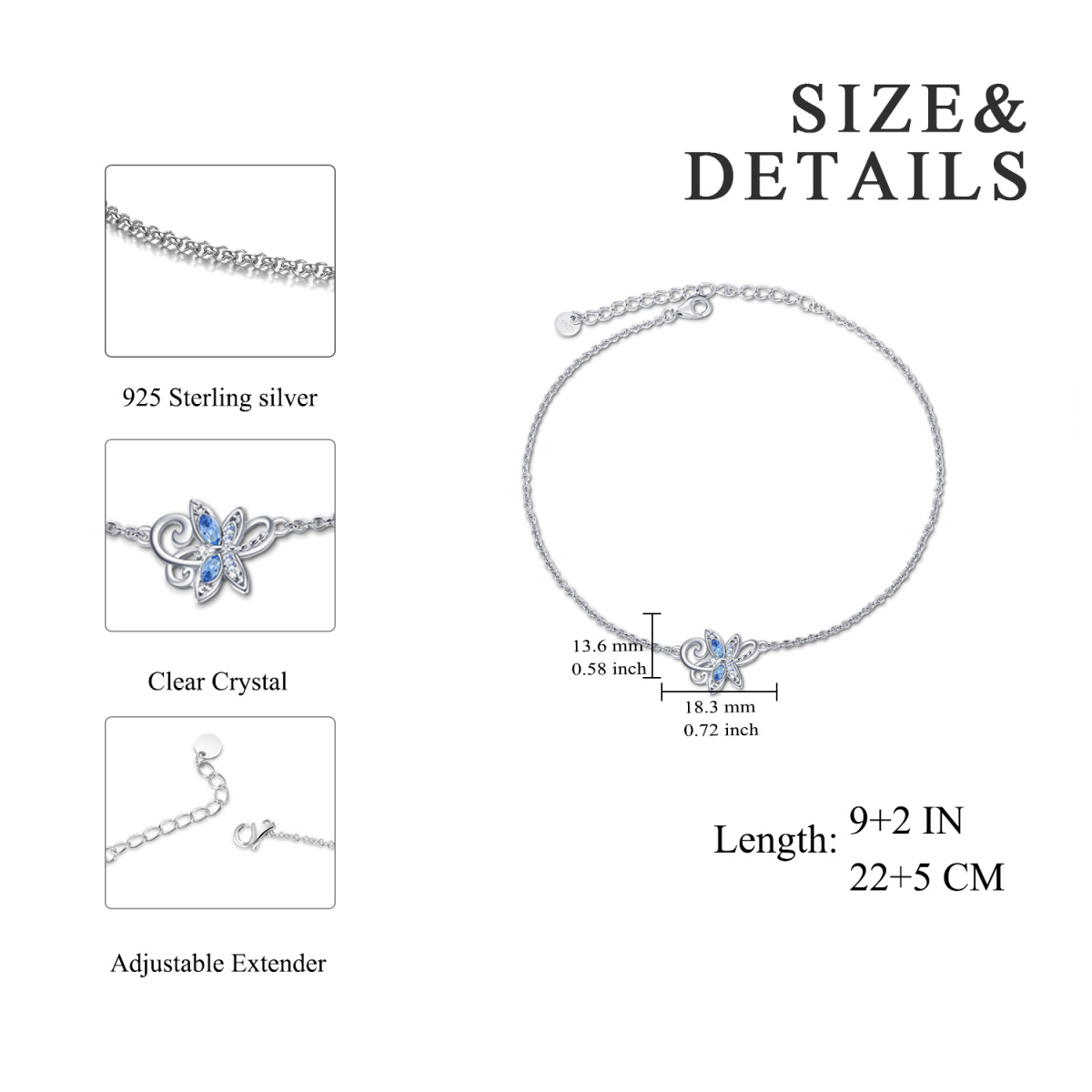 Sterling Silver Marquise Shaped Cubic Zirconia Dragonfly Single Layer Anklet-4