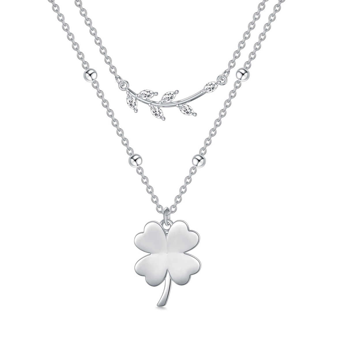 Sterling Silver Marquise Shaped Cubic Zirconia Four Leaf Clover & Leaves Layered Necklace-1