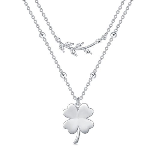 Sterling Silver Marquise Shaped Cubic Zirconia Four Leaf Clover & Leaves Layered Necklace