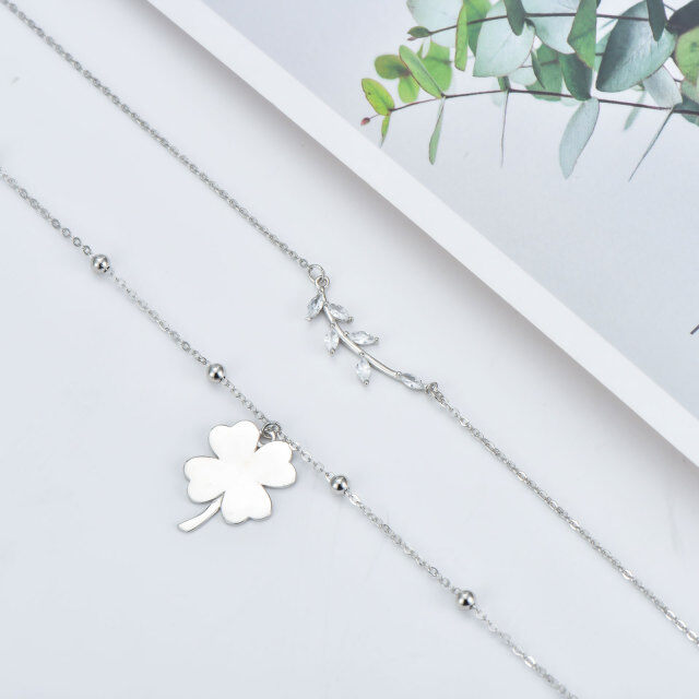 Sterling Silver Marquise Shaped Cubic Zirconia Four Leaf Clover & Leaves Layered Necklace-3