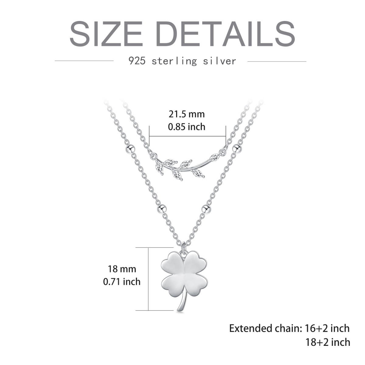 Sterling Silver Marquise Shaped Cubic Zirconia Four Leaf Clover & Leaves Layered Necklace-5