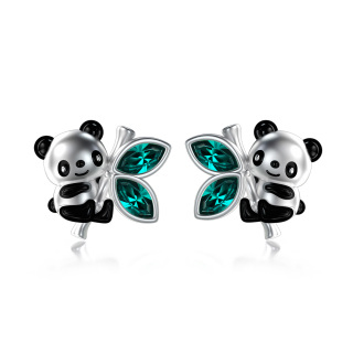 Sterling Silver Marquise Shaped Green Crystal Panda & Bamboo Stud Earrings-55