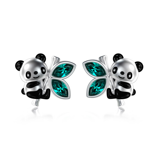 Sterling Silver Marquise Shaped Green Crystal Panda & Bamboo Stud Earrings