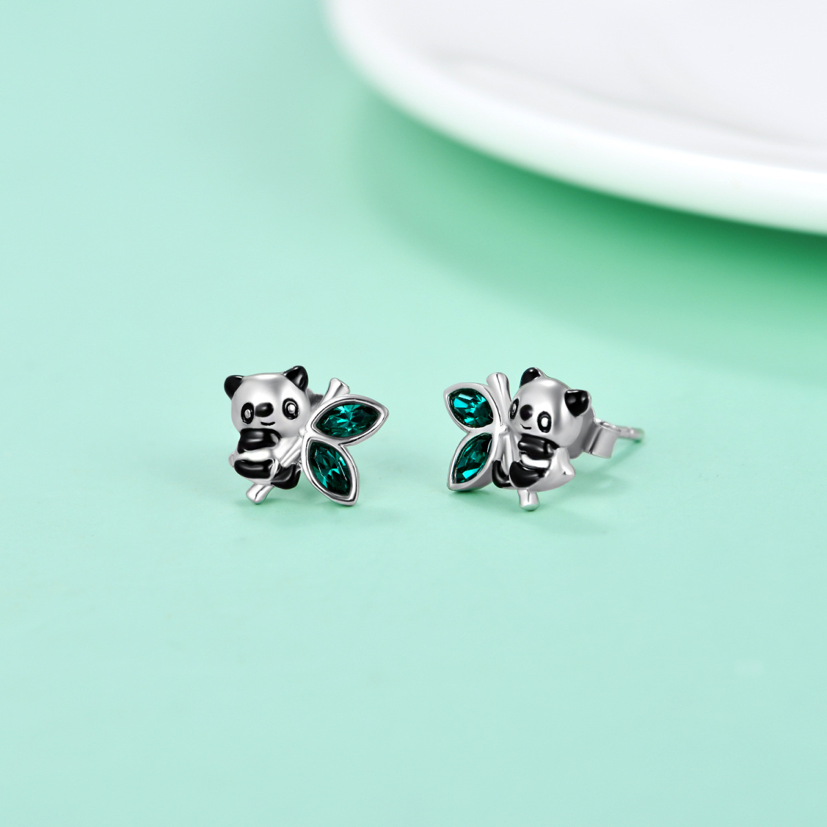 Sterling zilveren marquise-vormige groene kristallen Panda bamboe oorknopjes-3