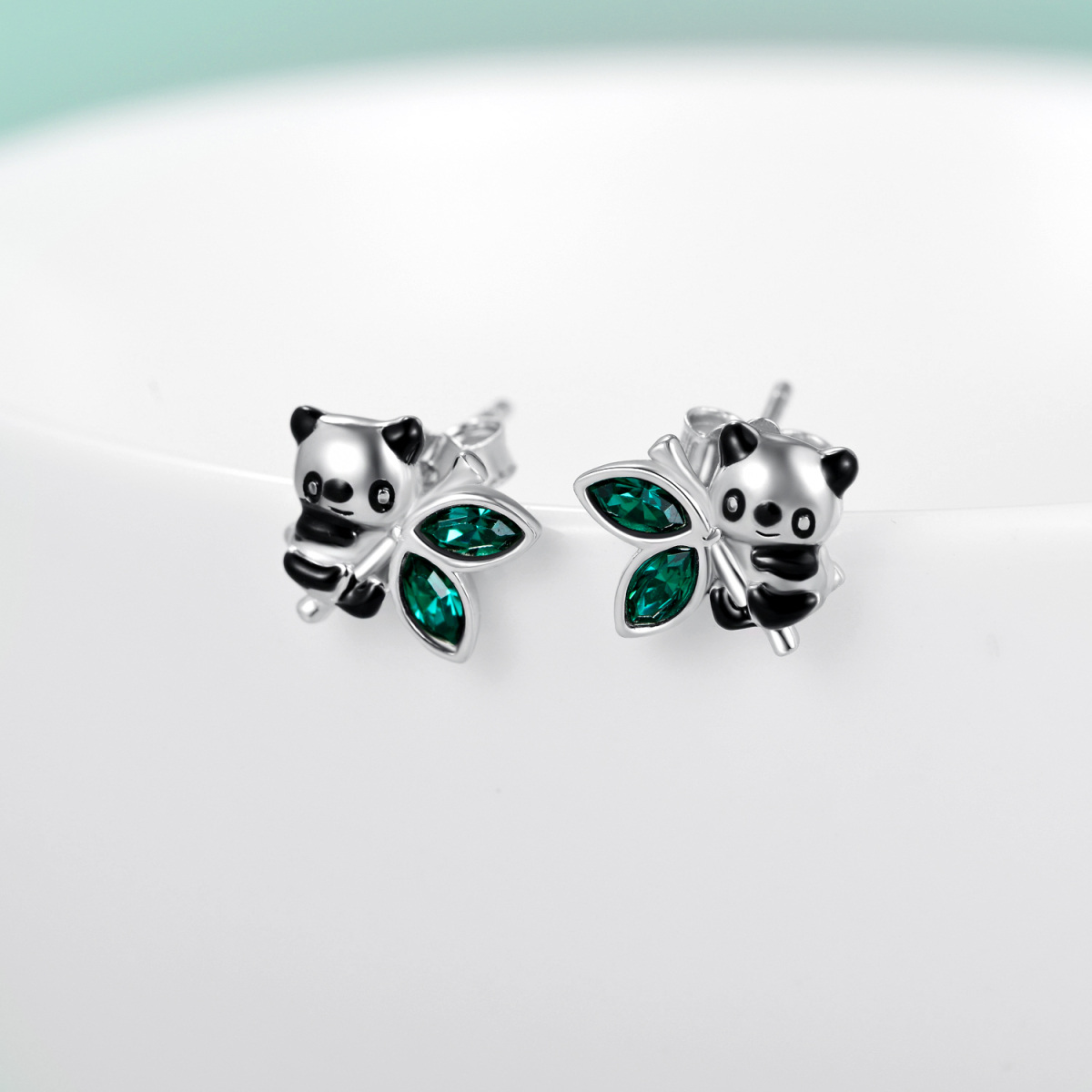 Sterling Silver Marquise Shaped Green Crystal Panda & Bamboo Stud Earrings-4