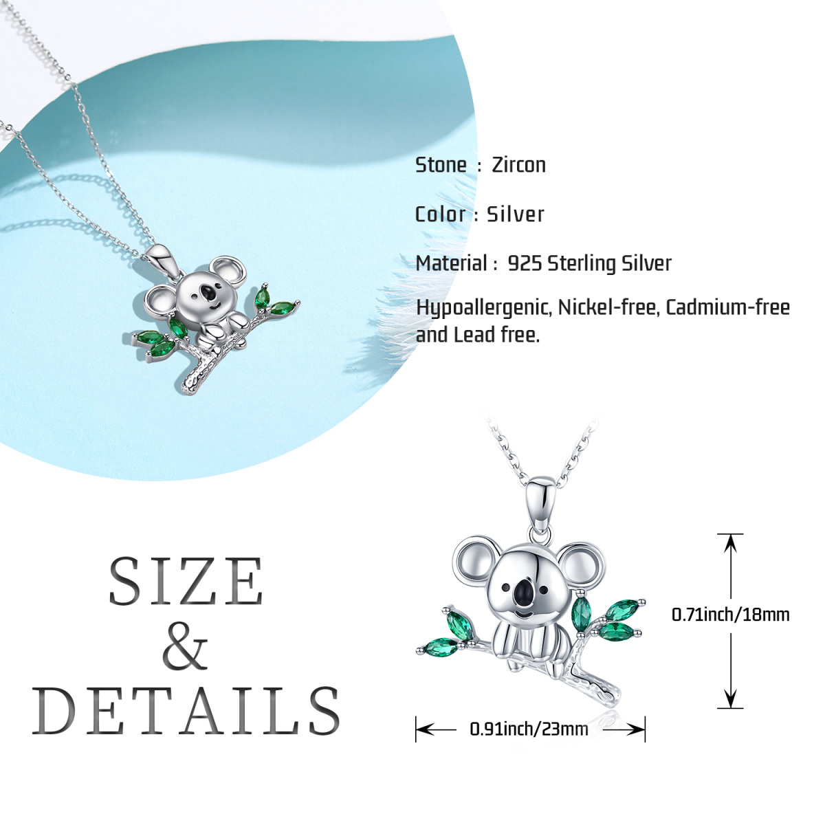 Sterling Silber Marquise geformt Cubic Zirkonia Koala Anhänger Halskette-6