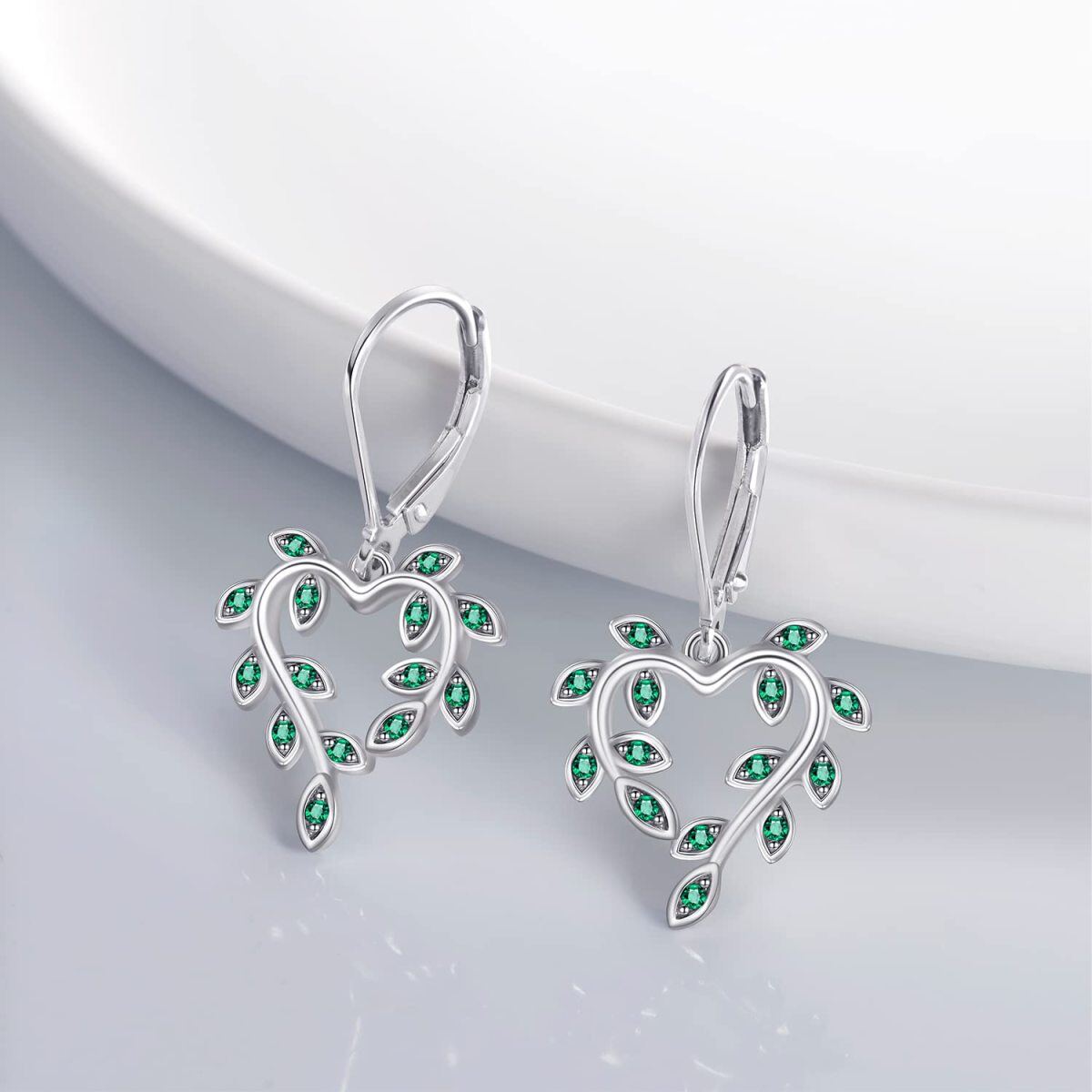 Sterling Silver Marquise Shaped Cubic Zirconia Leaves Drop Earrings-4