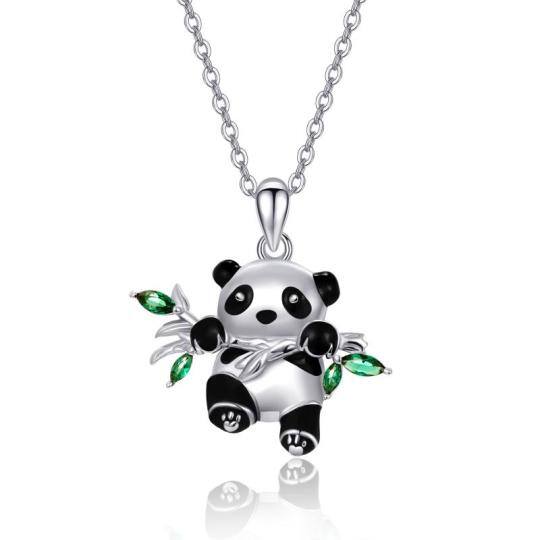 Sterling Silver Marquise Shaped Cubic Zirconia Panda Pendant Necklace with Engraved Word