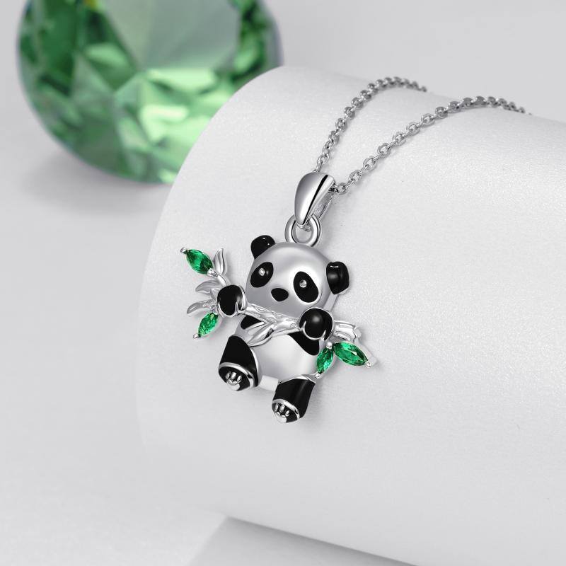 Sterling Silver Marquise Shaped Cubic Zirconia Panda Pendant Necklace with Engraved Word-4