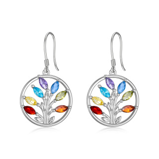 Sterling Silver Marquise Shaped Cubic Zirconia Tree Of Life Drop Earrings-45