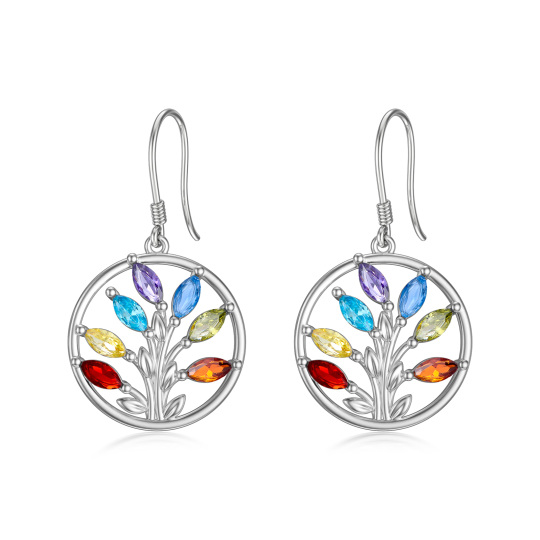 Sterling Silver Marquise Shaped Cubic Zirconia Tree Of Life Drop Earrings