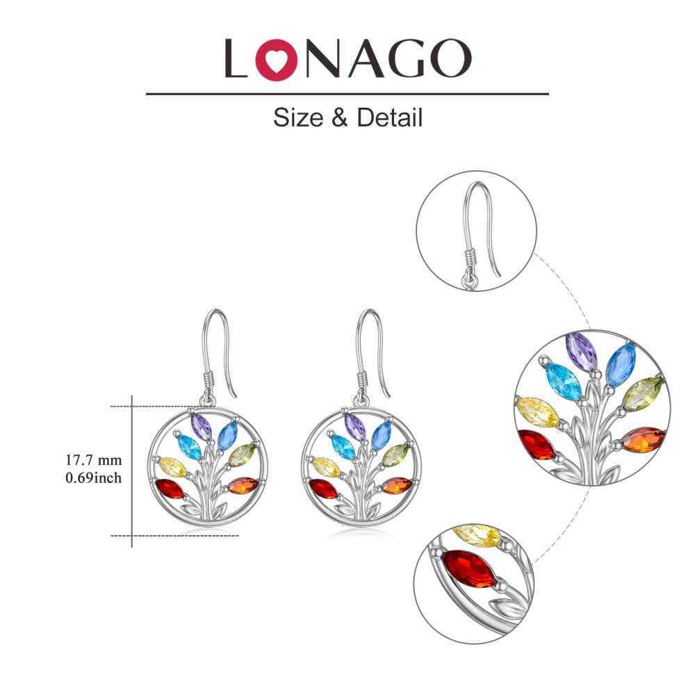 Sterling Silver Marquise Shaped Cubic Zirconia Tree Of Life Drop Earrings-5