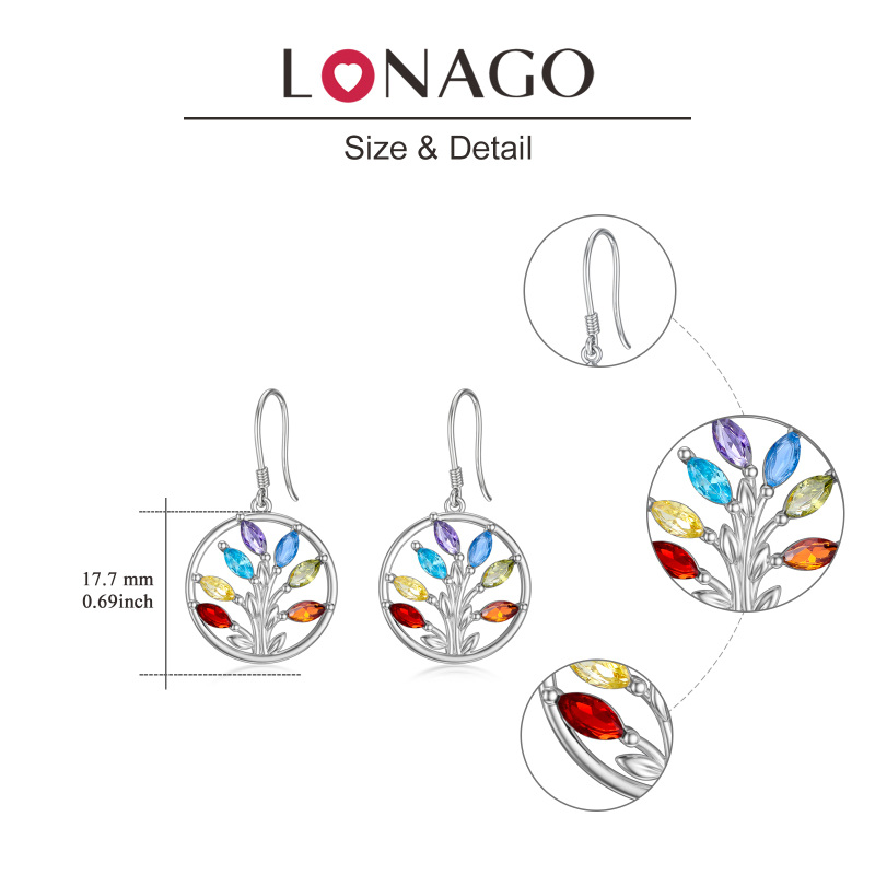 Sterling Silver Marquise Shaped Cubic Zirconia Tree Of Life Drop Earrings-5