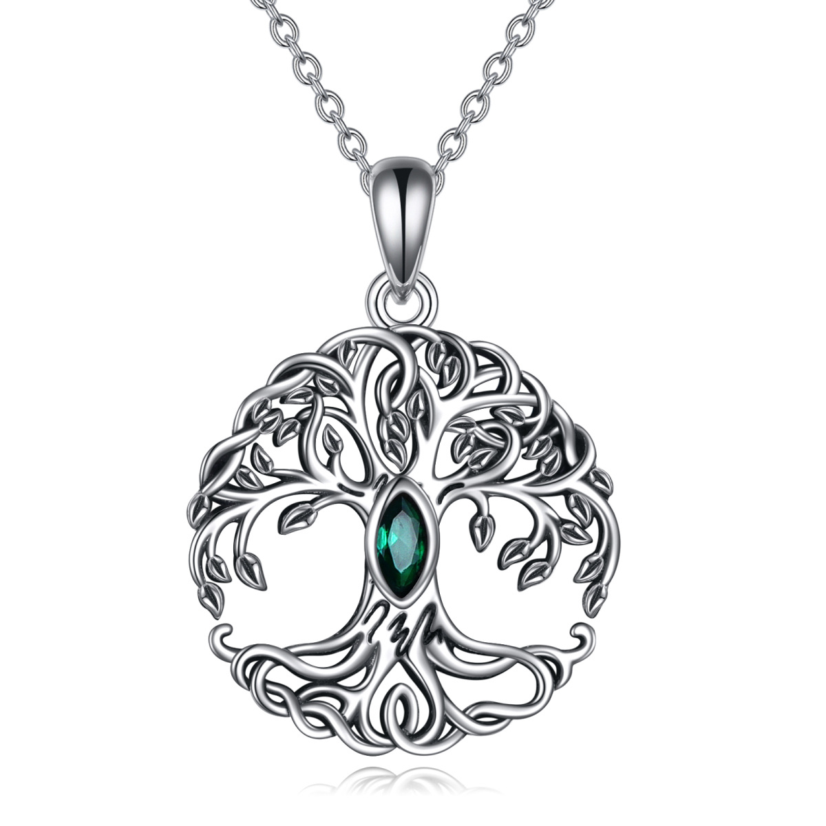 Sterling Silver Green Marquise Shaped Cubic Zirconia Tree Of Life Pendant Necklace-1