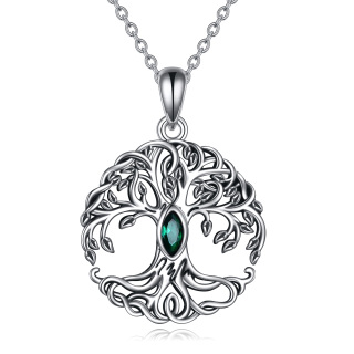 Sterling Silver Green Marquise Shaped Cubic Zirconia Tree Of Life Pendant Necklace-32