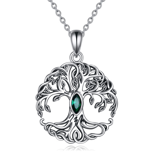 Sterling Silver Green Marquise Shaped Cubic Zirconia Tree Of Life Pendant Necklace