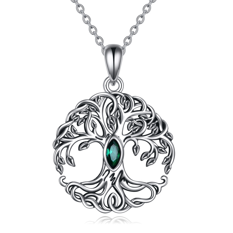 Sterling Silver Green Marquise Shaped Cubic Zirconia Tree Of Life Pendant Necklace-18