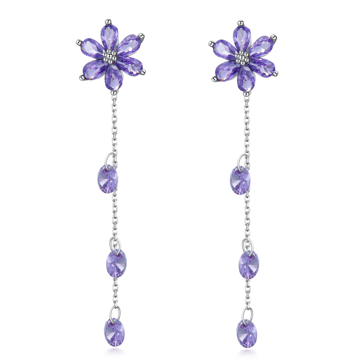 Sterling Silver Marquise Shaped Cubic Zirconia Wildflowers Violet Drop Earrings-1