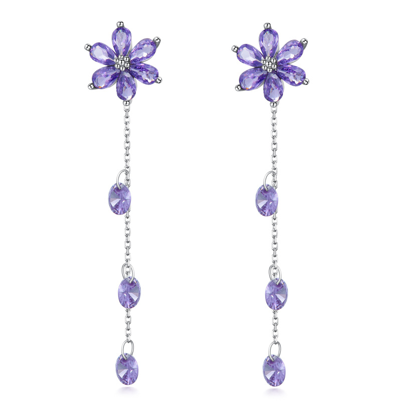 Sterling Silver Marquise Shaped Cubic Zirconia Wildflowers Violet Drop Earrings