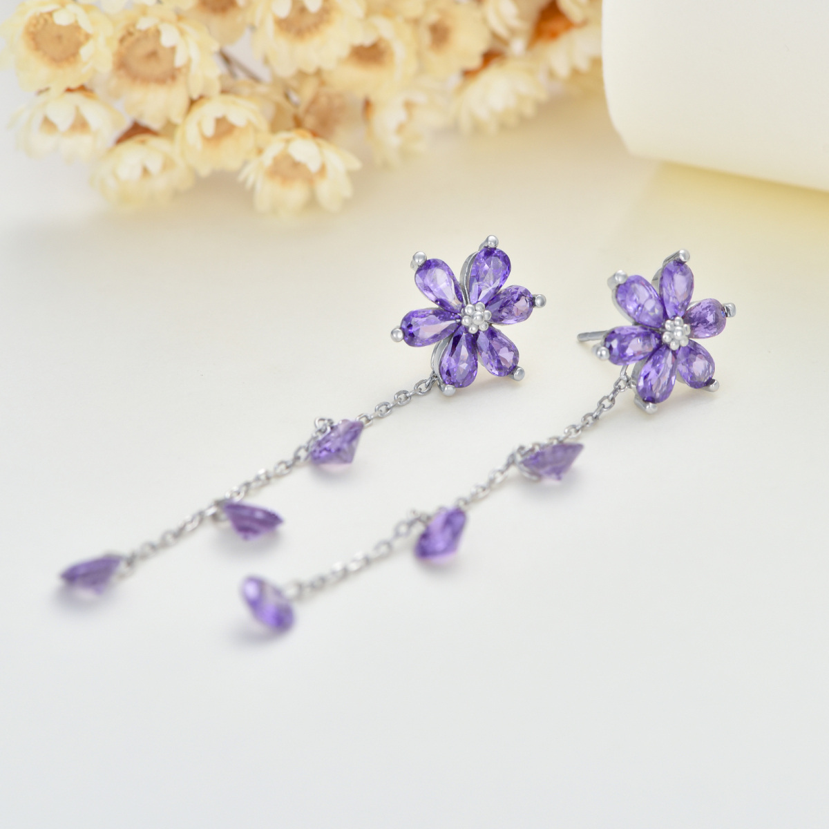 Sterling Silver Marquise Shaped Cubic Zirconia Wildflowers Violet Drop Earrings-3