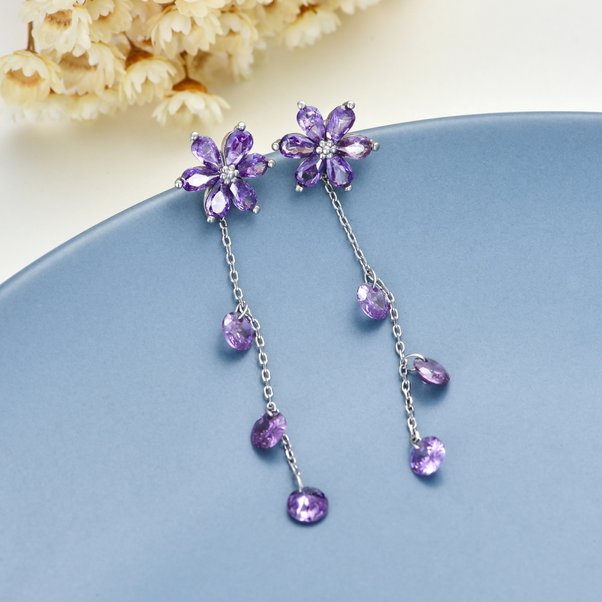 Sterling Silver Marquise Shaped Cubic Zirconia Wildflowers Violet Drop Earrings-4