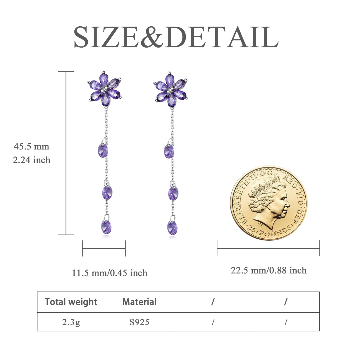 Sterling Silver Marquise Shaped Cubic Zirconia Wildflowers Violet Drop Earrings-5