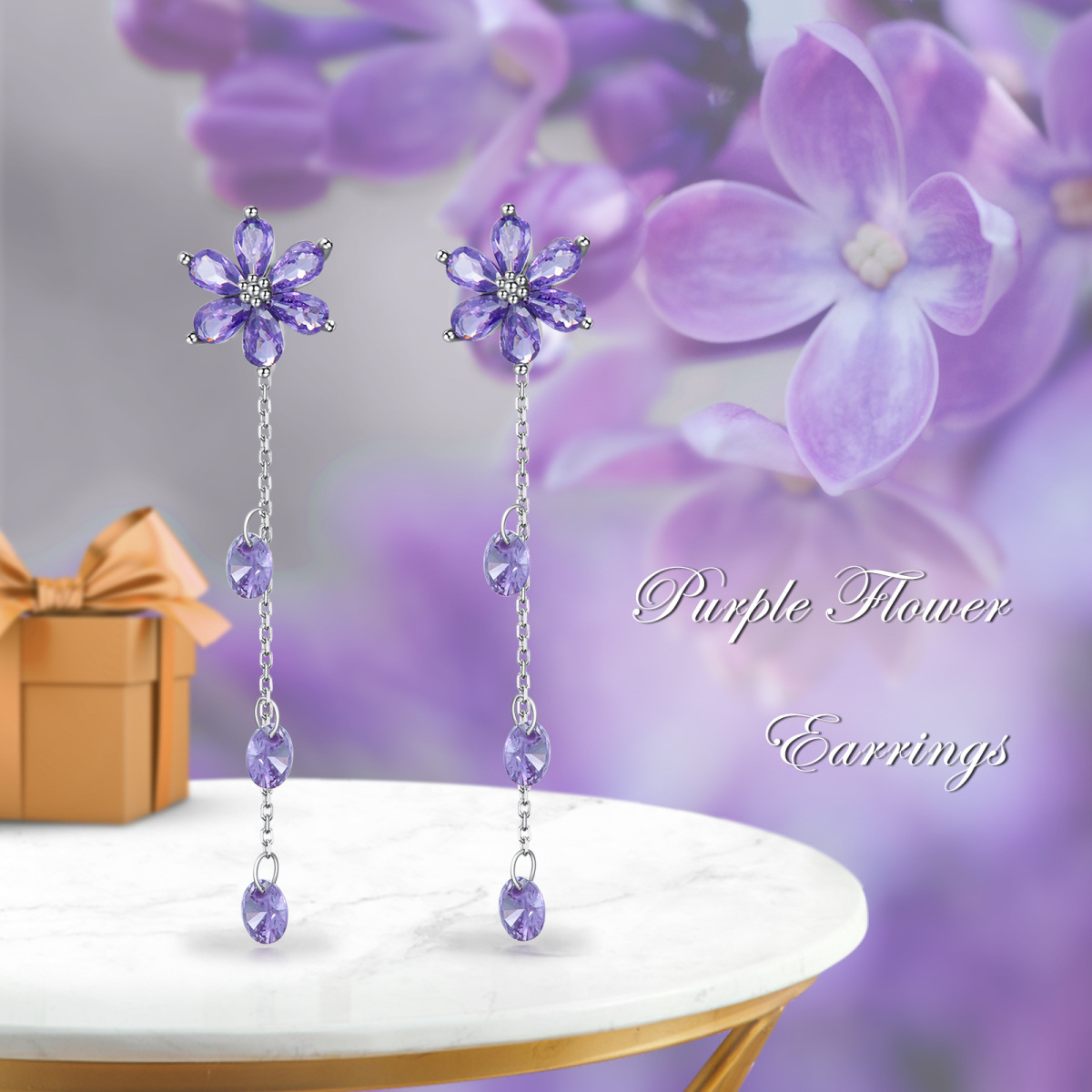 Sterling Silver Marquise Shaped Cubic Zirconia Wildflowers Violet Drop Earrings-6