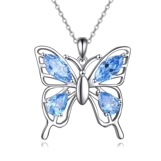 Sterling Silver Marquise Shaped Zircon Butterfly Pendant Necklace