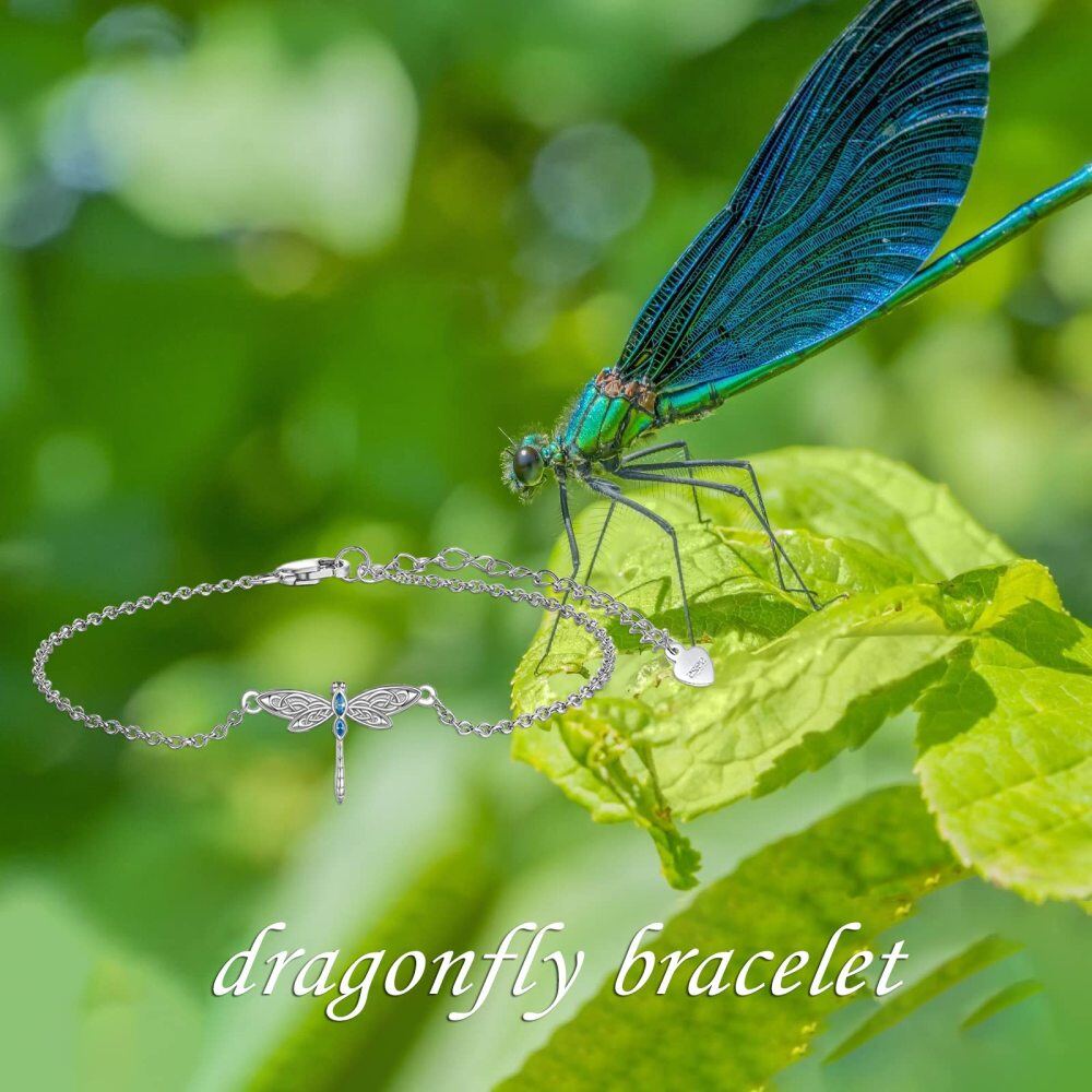 Sterling Silver Marquise Shaped Zircon Dragonfly Charm Bracelet-6