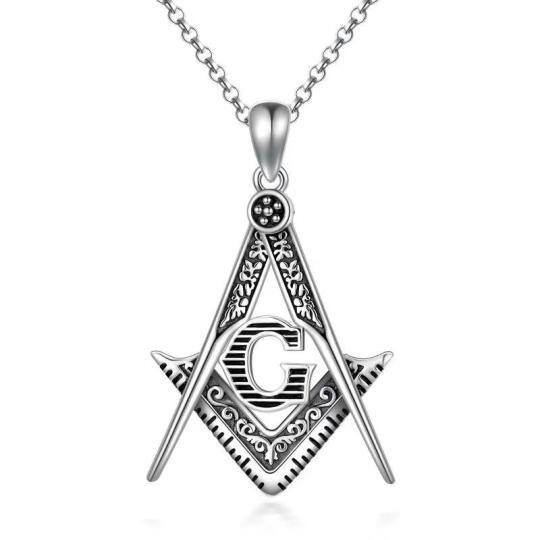 Sterling Silver Masonic Symbol Pendant Necklace with Initial Letter G for Men