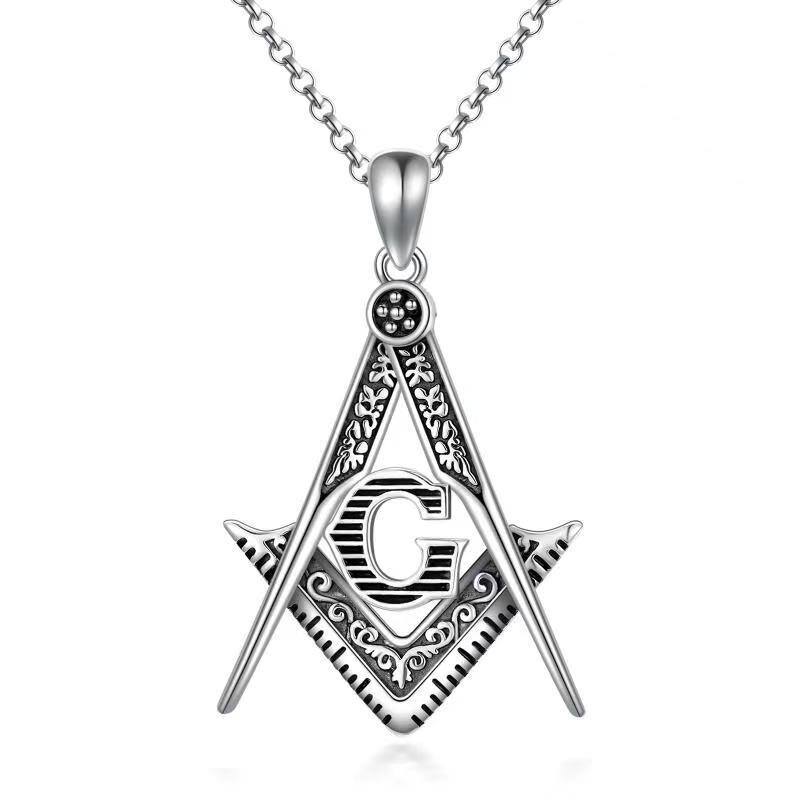 Sterling Silver Masonic Symbol Pendant Necklace with Initial Letter G for Men-2