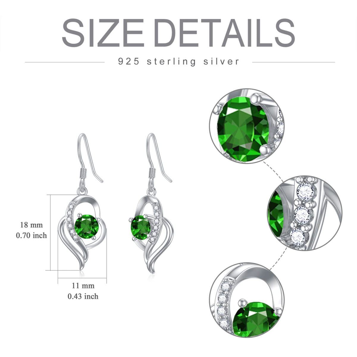 Sterling Silver May Birthstone Crystal Heart Drop Earrings for Girls Women-5