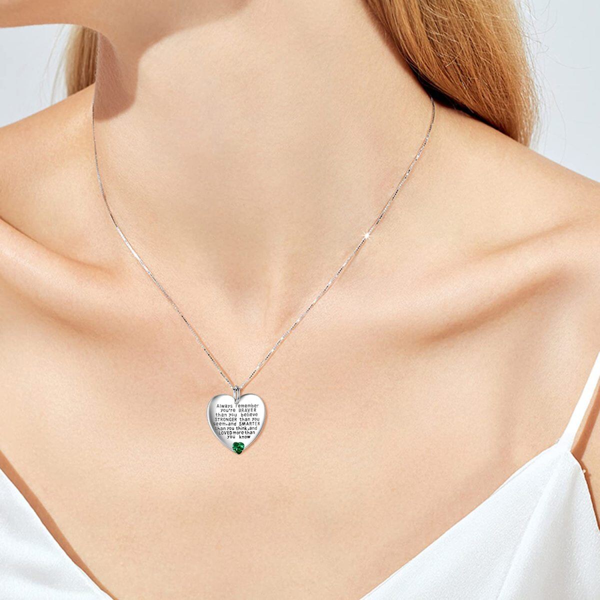 Collar de plata de ley de mayo Birthstone Cubic Zirconia Heart Pendant Inspirational Neckl-2