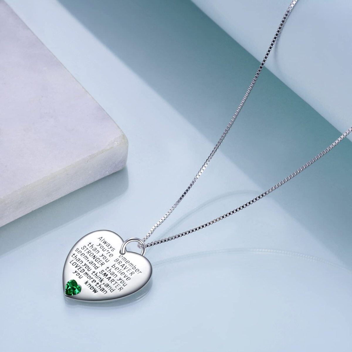 Collar de plata de ley de mayo Birthstone Cubic Zirconia Heart Pendant Inspirational Neckl-4