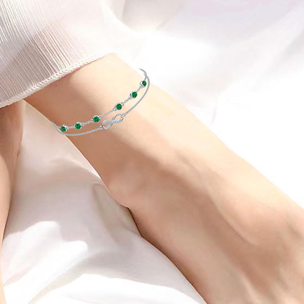 Sterling Silver Cubic Zirconia May Birthstone Infinity Symbol Multi-layered Anklet-3