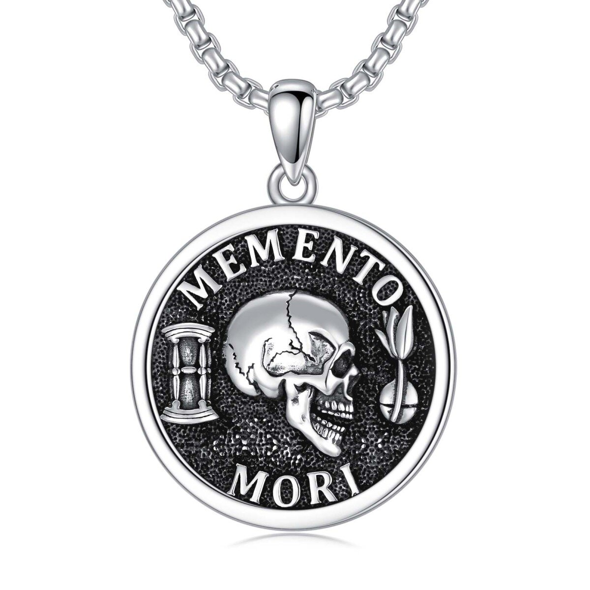 Sterling Silver Memento Mori Amor Fati Skull Pendant Necklace for Men-1