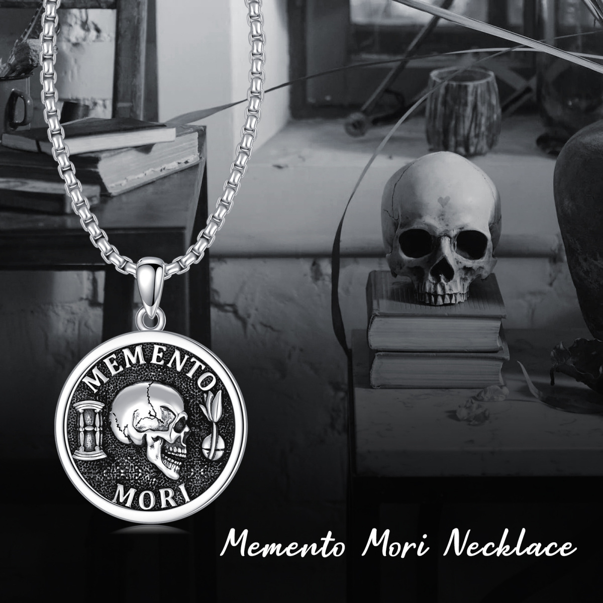 Halskette mit Totenkopf-Anhänger „Memento Mori Amor Fati“ aus Sterlingsilber für Herren-6