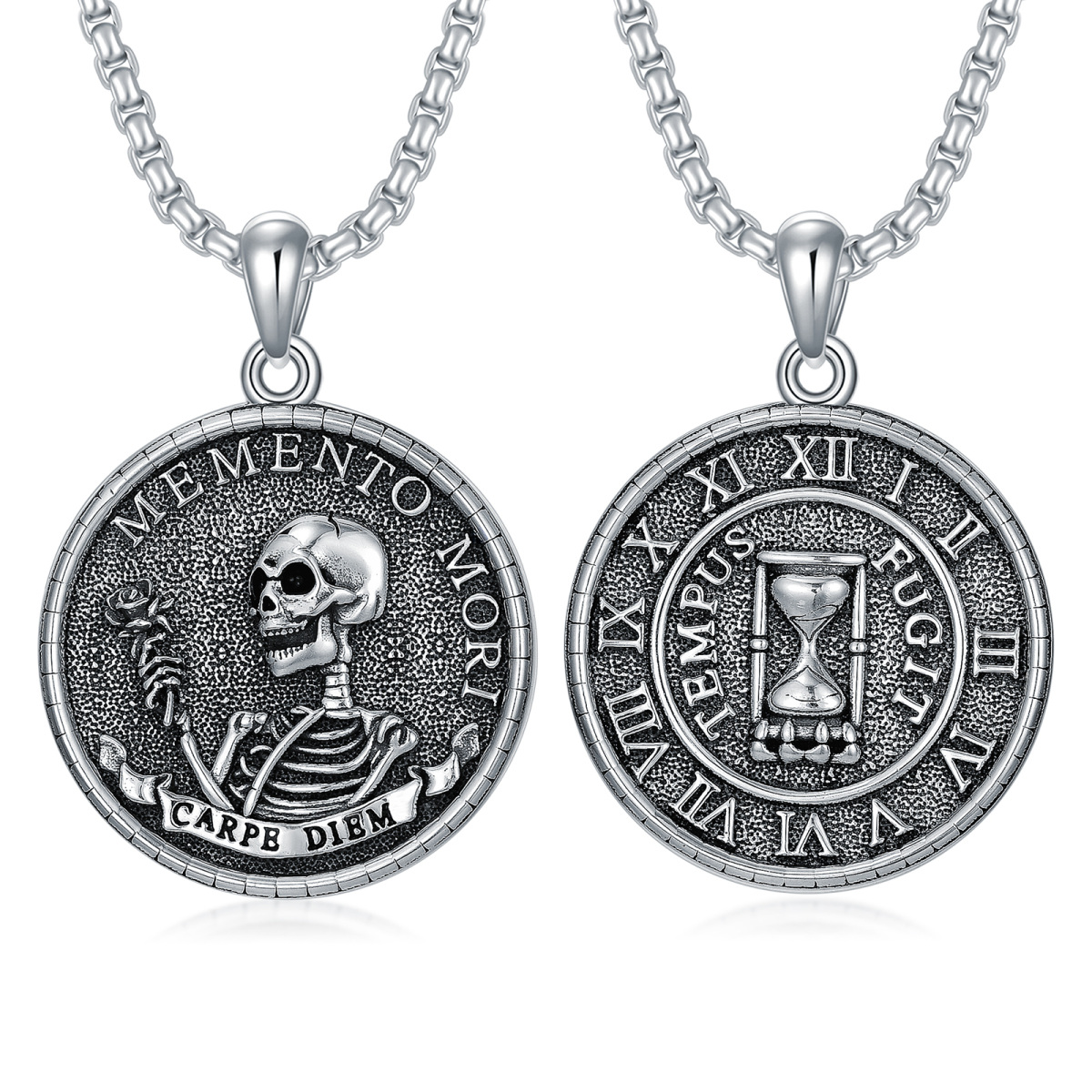 Collier avec pendentif squelette en sablier Memento Mori Carpe Diem en argent sterling pour homme-1