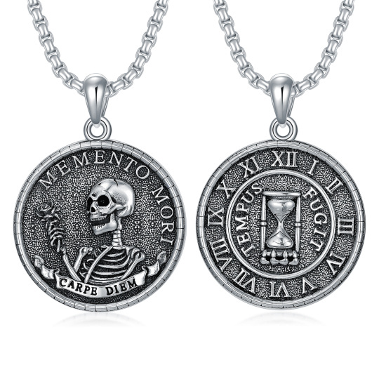 Sterling Silver Memento Mori Carpe Diem Hourglass Skeleton Pendant Necklace for Men