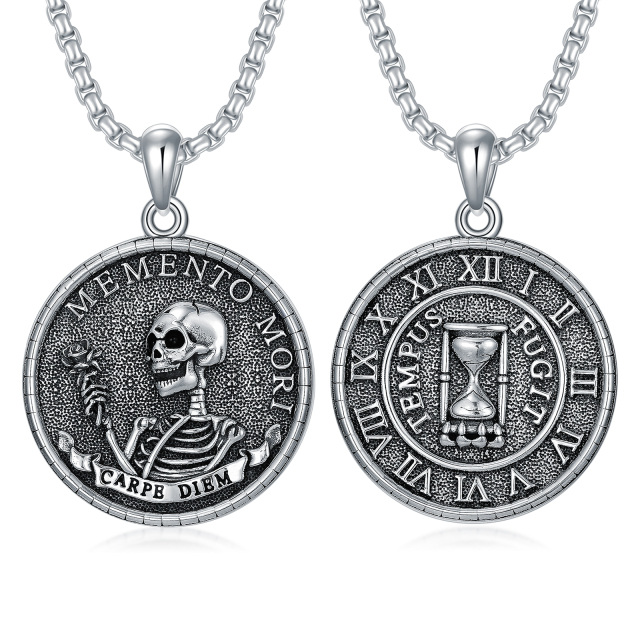 Sterling Silver Memento Mori Carpe Diem Hourglass Skeleton Pendant Necklace for Men-1