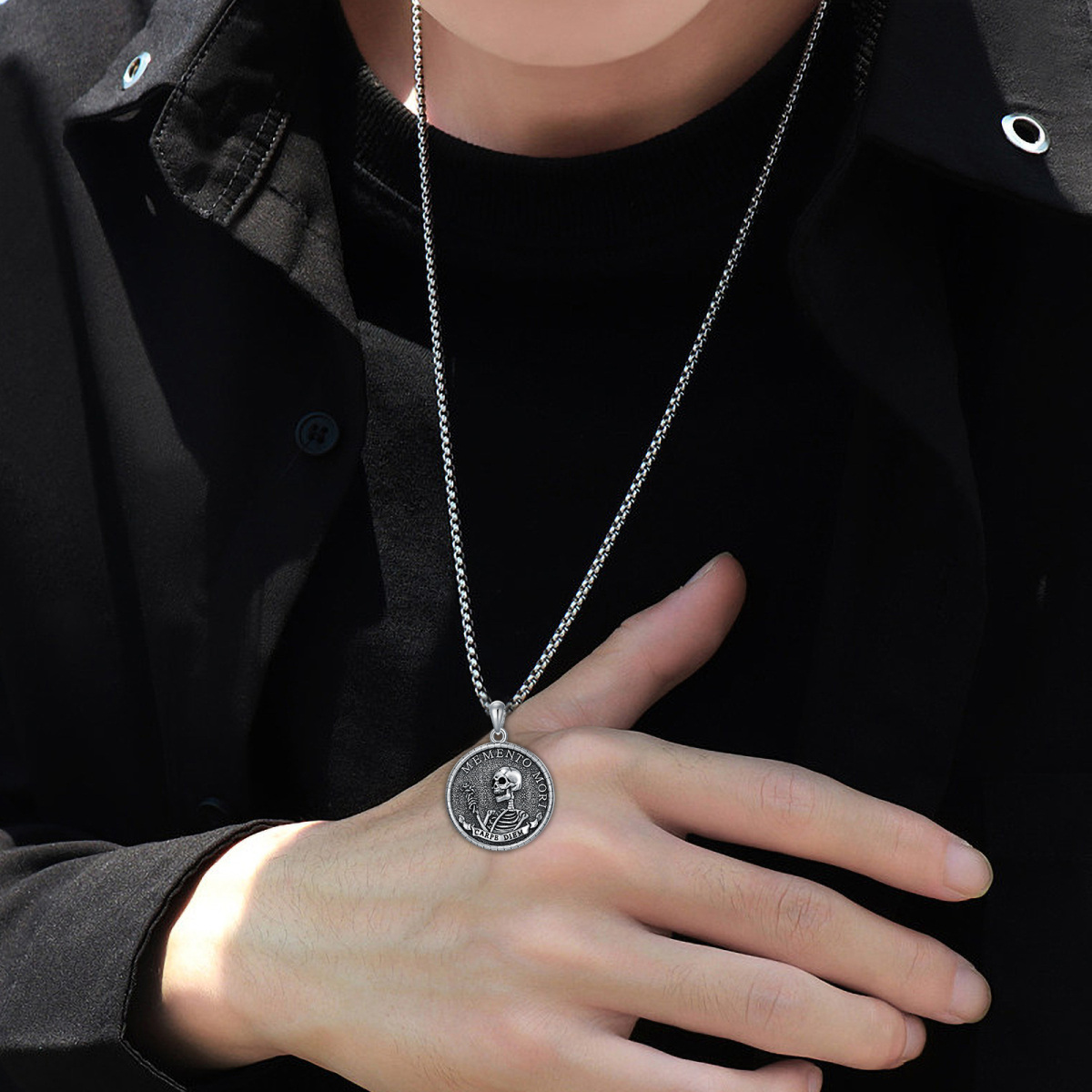 Collier avec pendentif squelette en sablier Memento Mori Carpe Diem en argent sterling pour homme-2