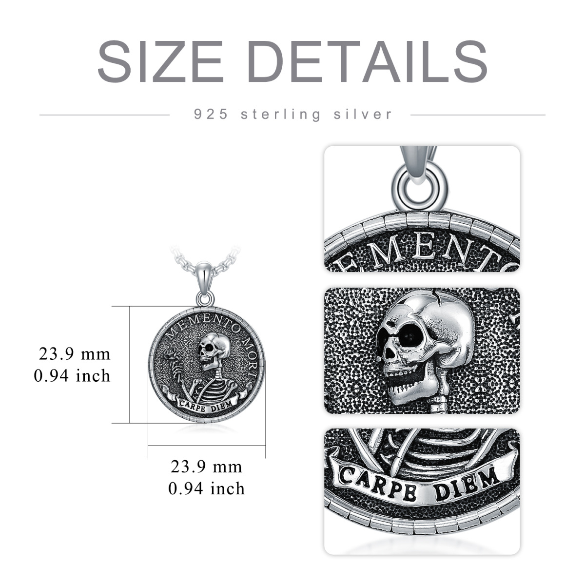 Sterling Silver Memento Mori Carpe Diem Hourglass Skeleton Pendant Necklace for Men-5