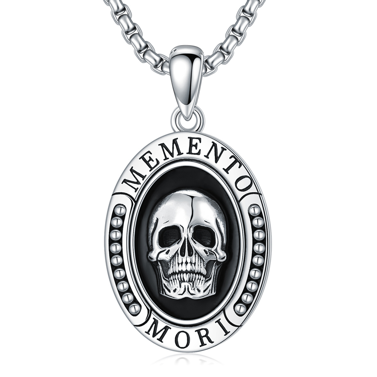 Halskette mit ovalem Memento Mori-Totenkopf-Anhänger aus Sterlingsilber mit eingraviertem Wort für Männer-1