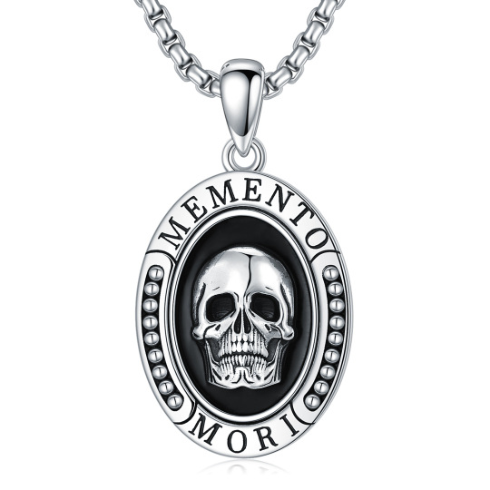 Colar com pingente oval de caveira Memento Mori em prata esterlina com palavra gravada para homens